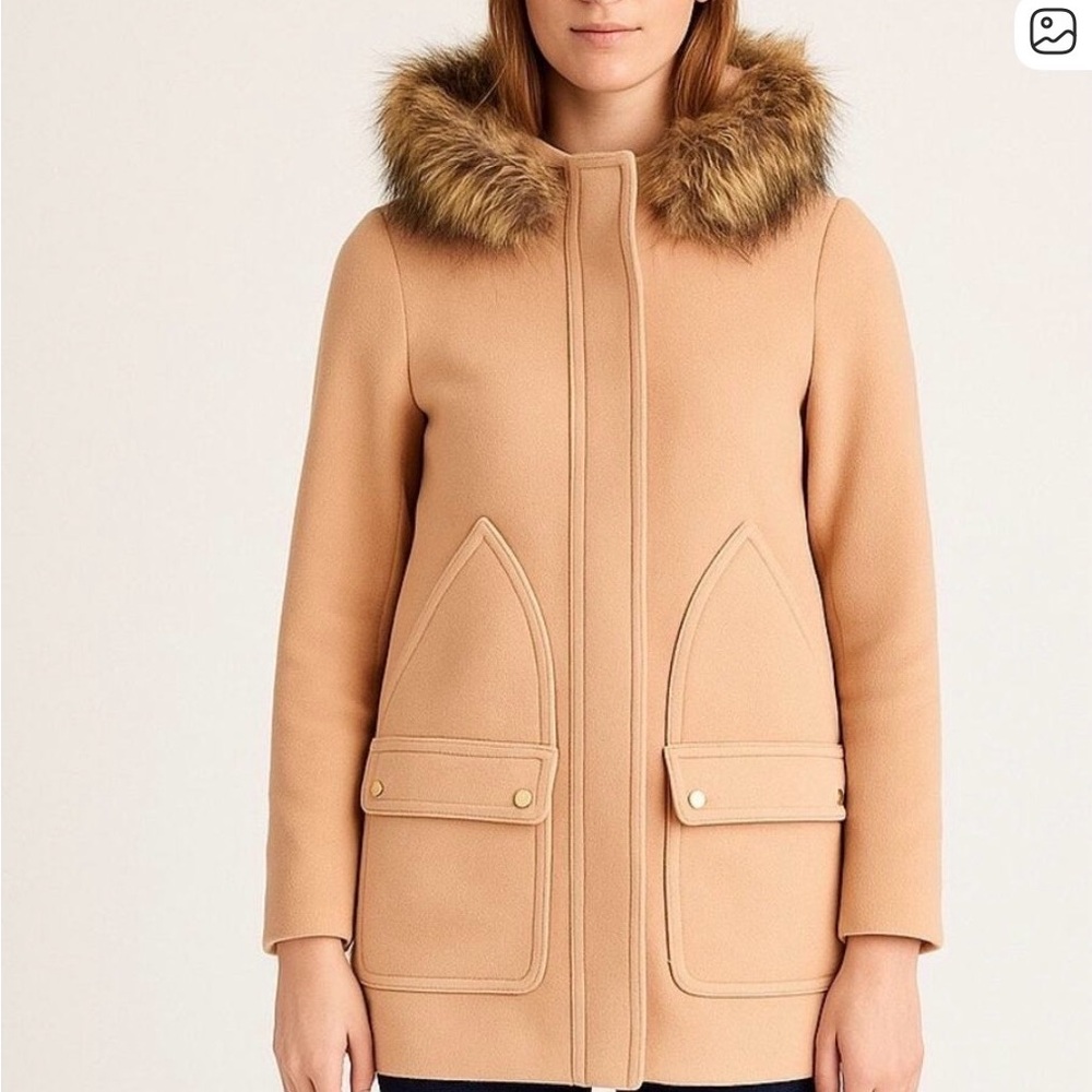 J. Crew Camel Wool Blend Coat with Faux Fur Hood
